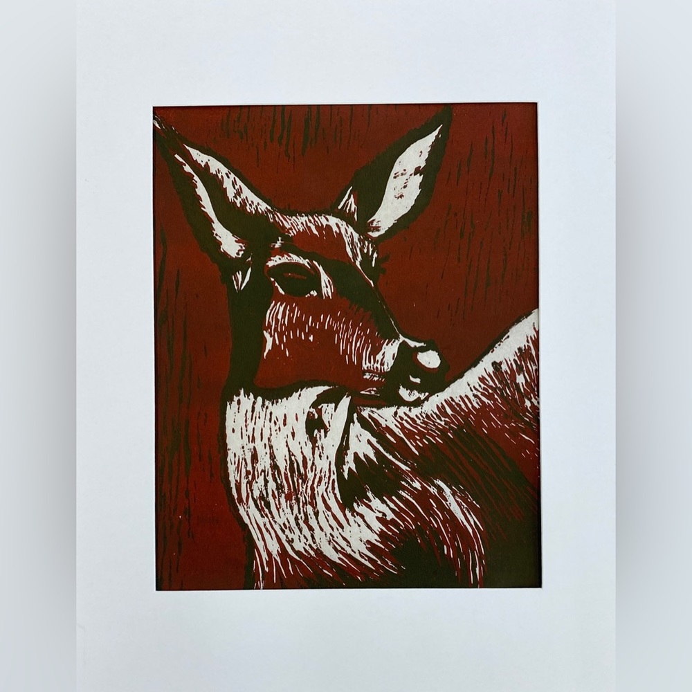 Deer Art Hand Printed Linocut Owl Reduction Print Woodland Animal Art Matted